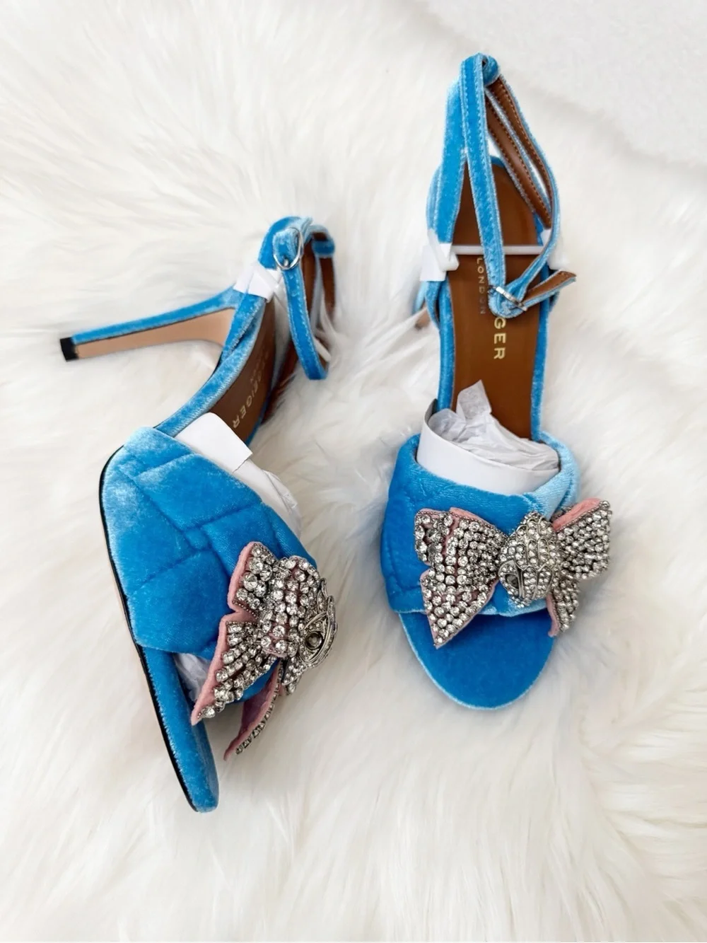 Kurt Geiger Turquoise Blue Velvet Crystal Bow Heeled Sandals
